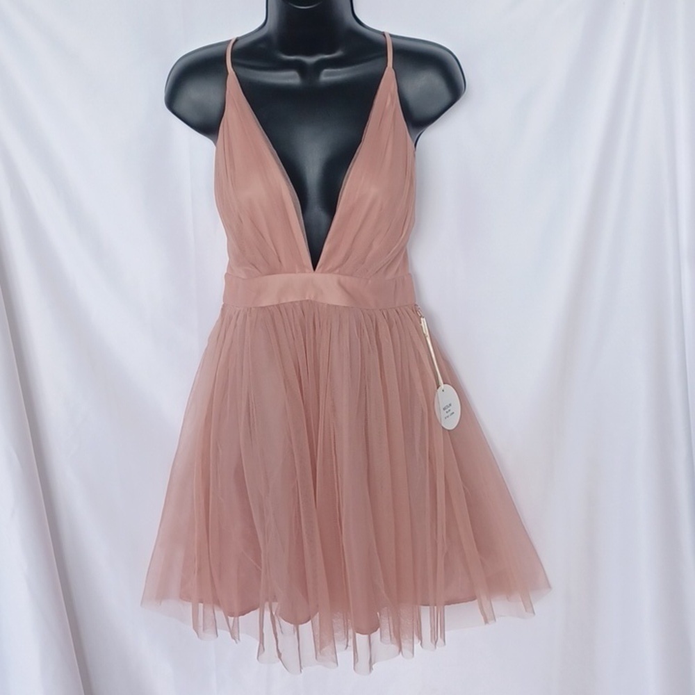 Luxxel Blush Pink Short Dress with Criss Cross Back and Tulle, Sz M